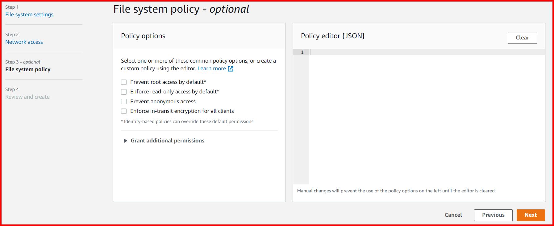 Picture showing the File system policy tab while creating EFS